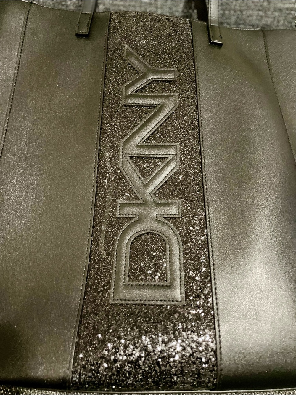 DKNY Black Faux Leather Glitter Logo Tote Bag